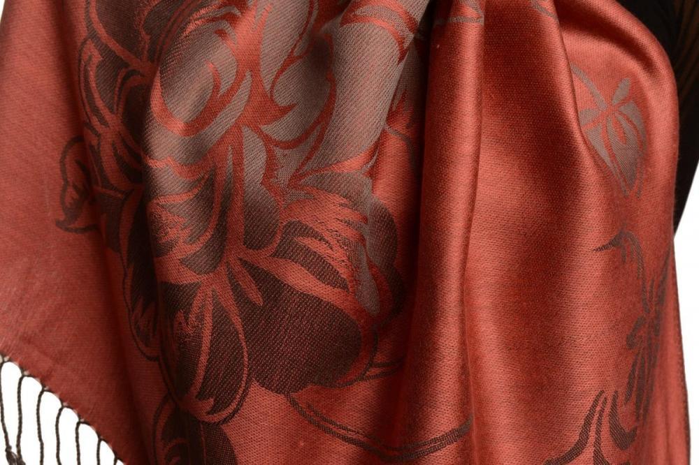 Liss Kiss Large Roses On Chestnut Pink Pashmina With Tassels - Scarf