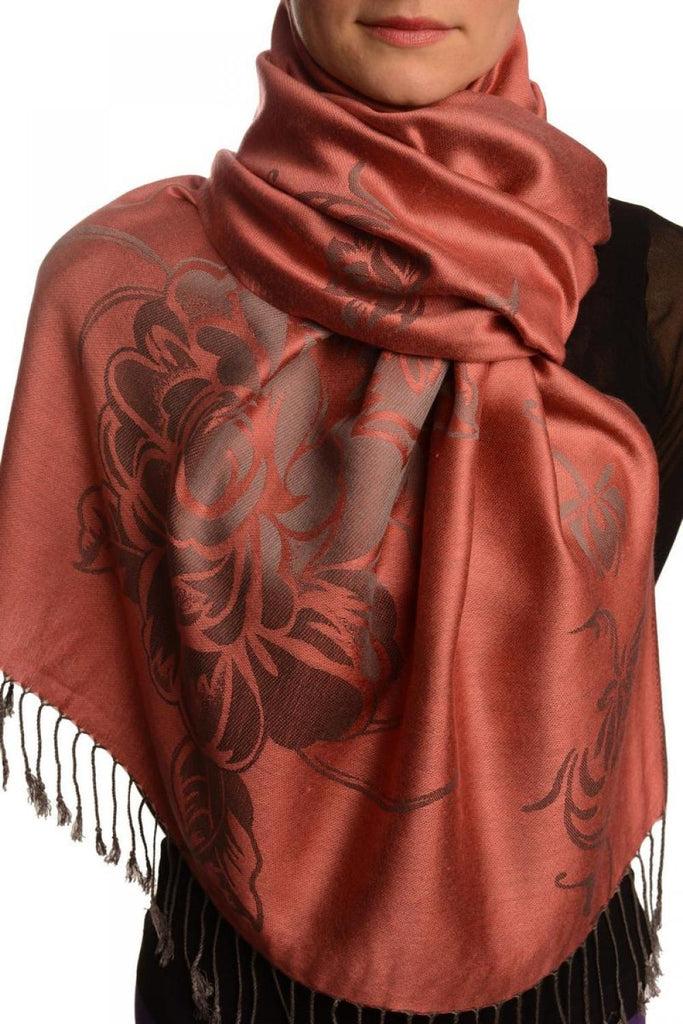 liss kiss Large Roses On Chestnut Pink Pashmina With Tassels - Scarf