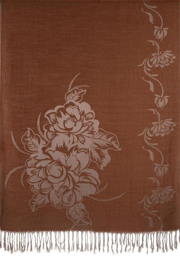 Liss Kiss Large Roses On Chocolate Brown Pashmina With Tassels - Scarf