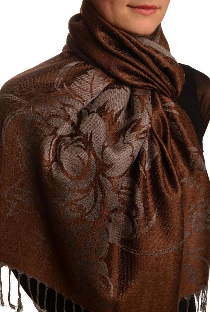 Liss Kiss Large Roses On Chocolate Brown Pashmina With Tassels - Scarf