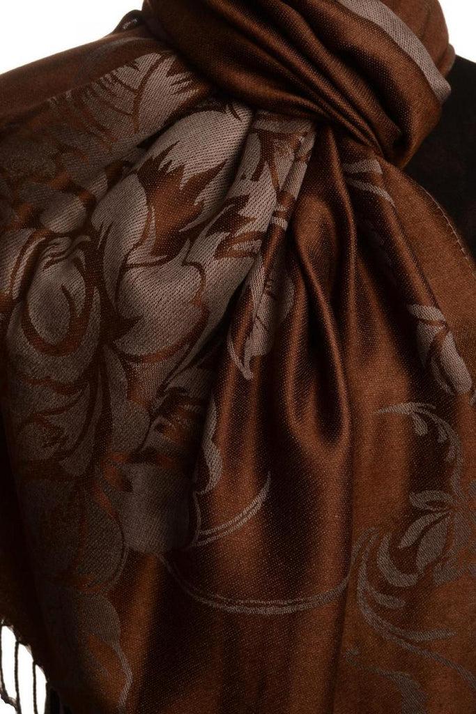 Liss Kiss Large Roses On Chocolate Brown Pashmina With Tassels - Scarf
