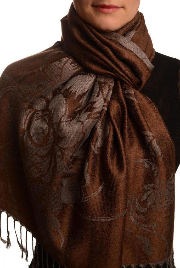 liss kiss Large Roses On Chocolate Brown Pashmina With Tassels - Scarf