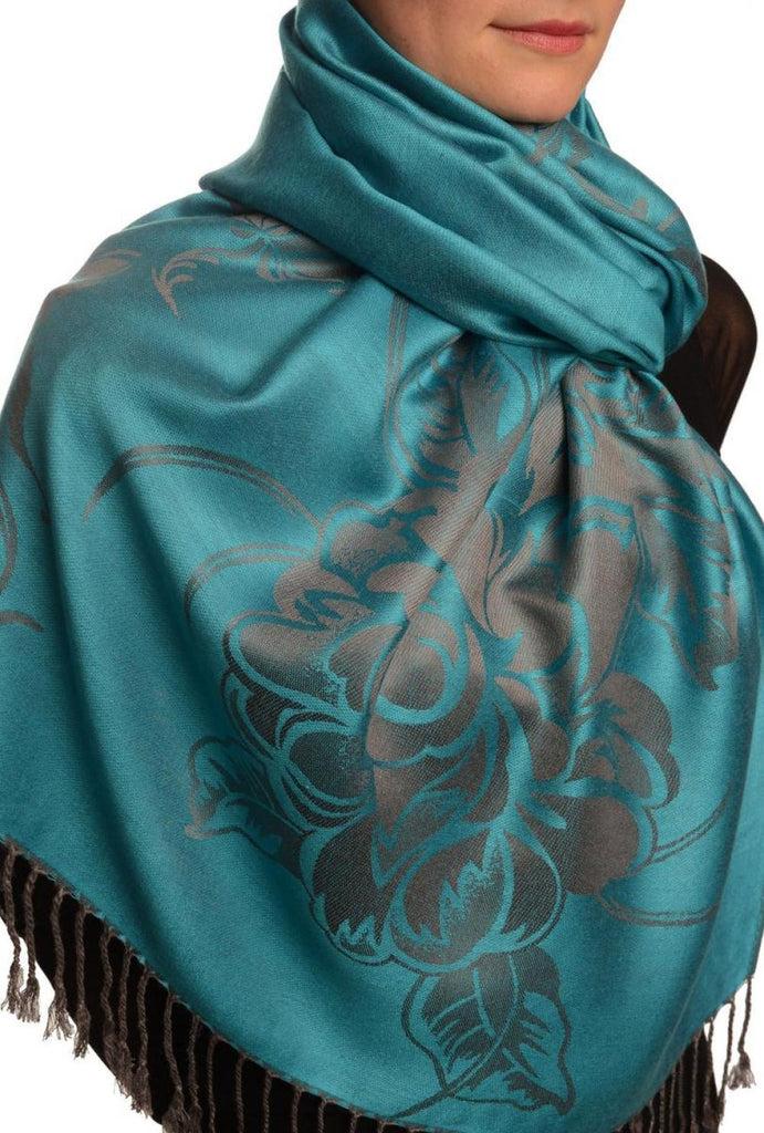 Liss Kiss Large Roses On Dodger Blue Pashmina With Tassels - Scarf