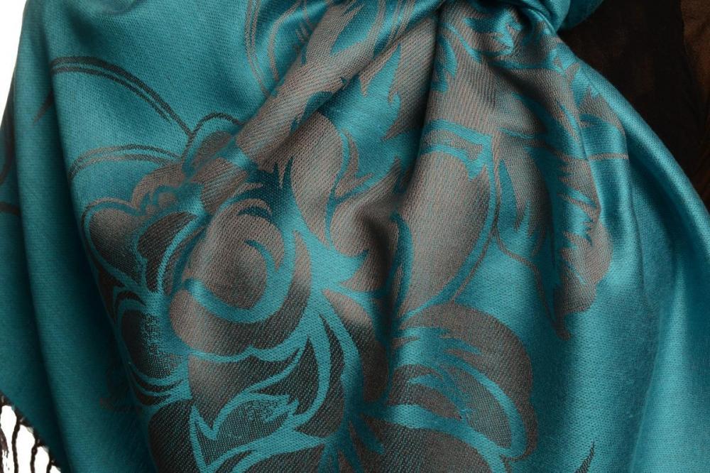 Liss Kiss Large Roses On Dodger Blue Pashmina With Tassels - Scarf