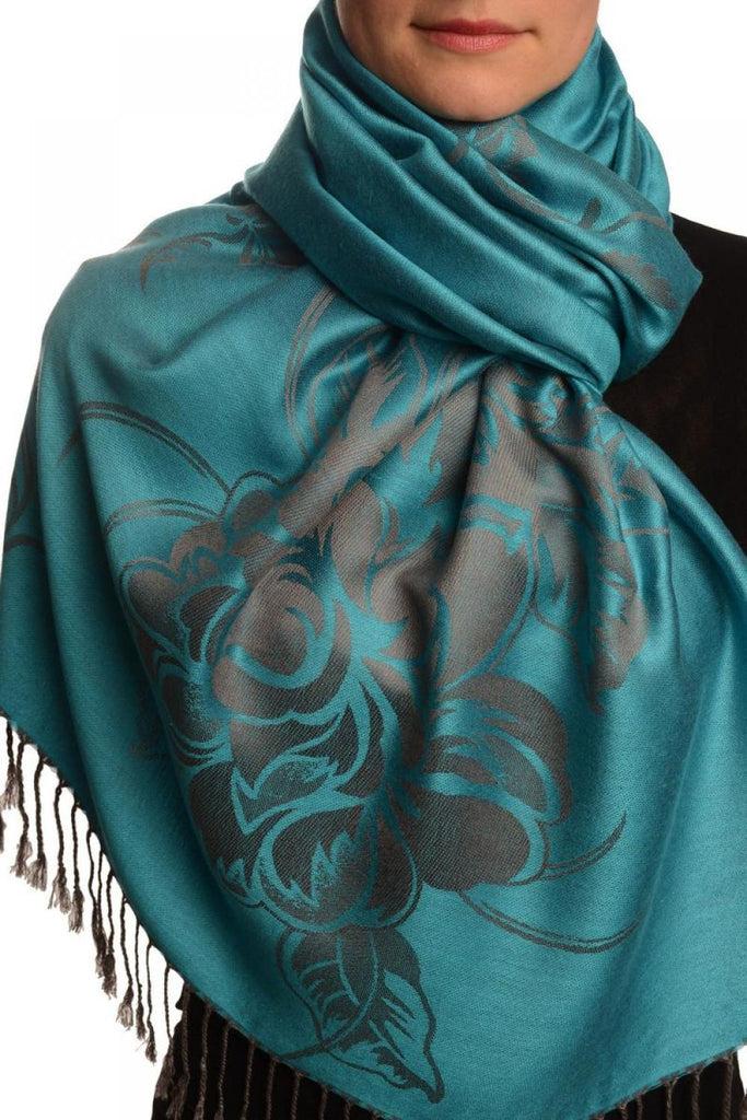 liss kiss Large Roses On Dodger Blue Pashmina With Tassels - Scarf