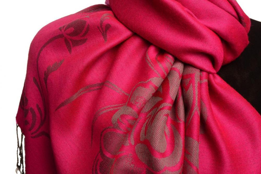 Liss Kiss Large Roses On Fuchsia Pink Pashmina With Tassels - Scarf