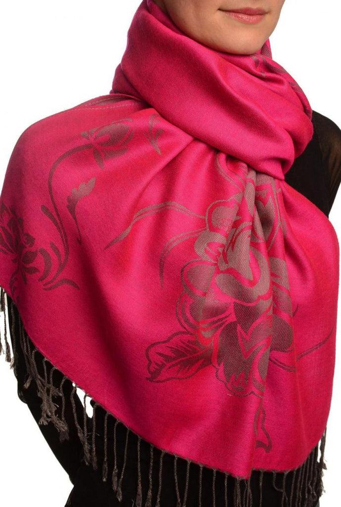 Liss Kiss Large Roses On Fuchsia Pink Pashmina With Tassels - Scarf
