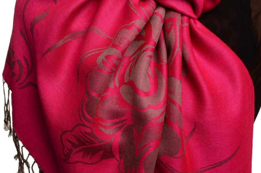 Liss Kiss Large Roses On Fuchsia Pink Pashmina With Tassels - Scarf