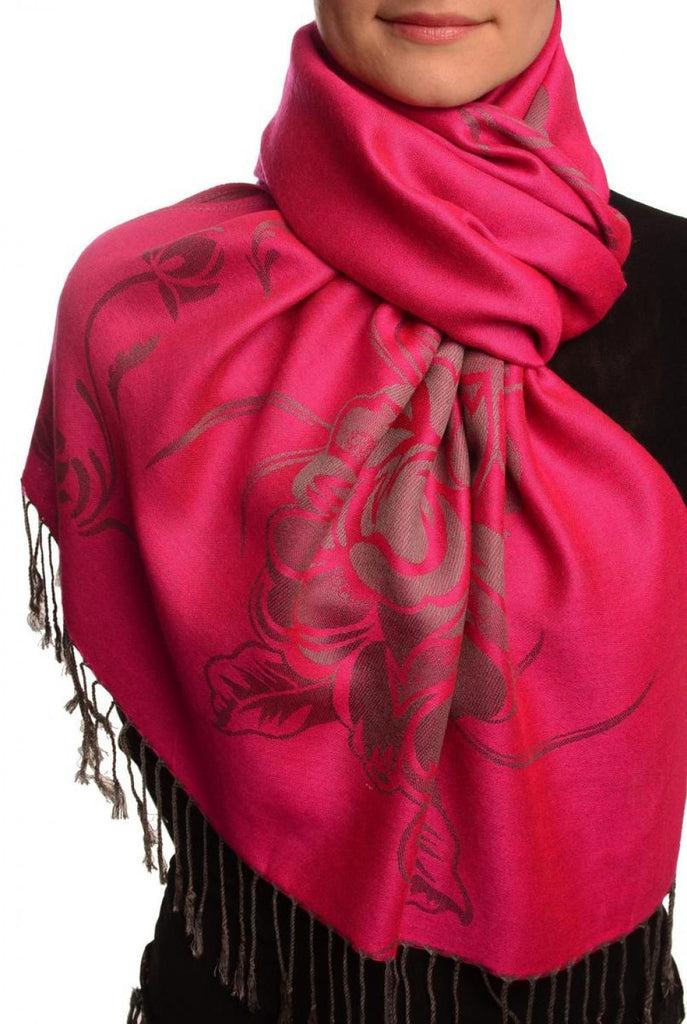liss kiss Large Roses On Fuchsia Pink Pashmina With Tassels - Scarf