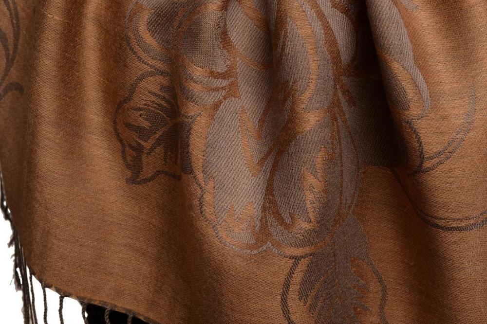 Liss Kiss Large Roses On Mocha Pashmina With Tassels - Scarf