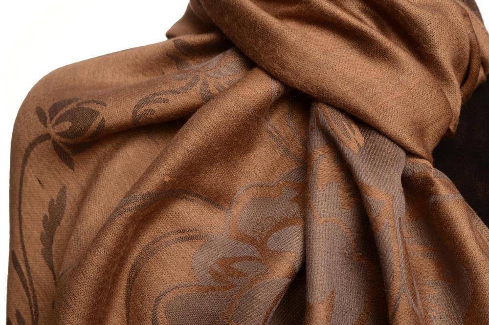 Liss Kiss Large Roses On Mocha Pashmina With Tassels - Scarf