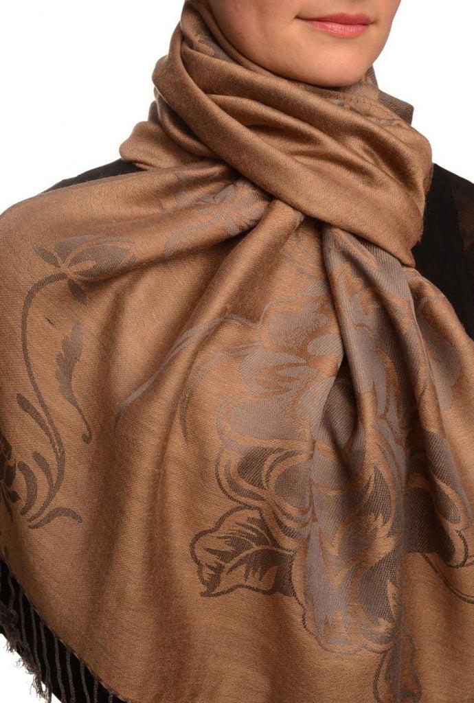 Liss Kiss Large Roses On Mocha Pashmina With Tassels - Scarf