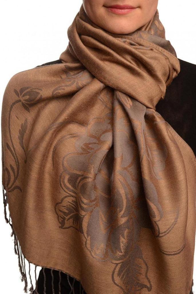 liss kiss Large Roses On Mocha Pashmina With Tassels - Scarf