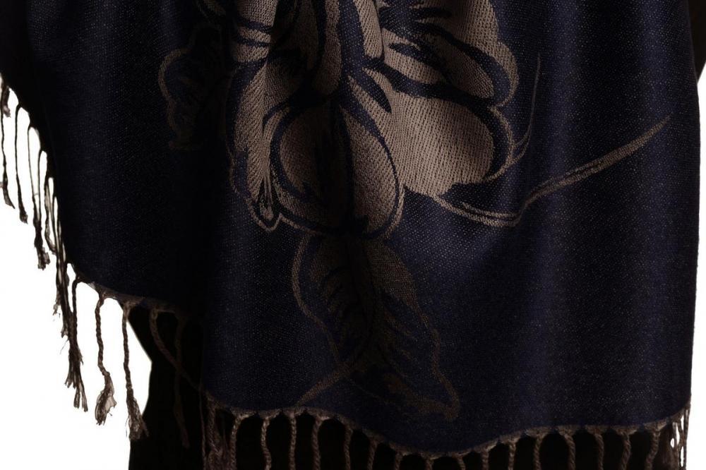 Liss Kiss Large Roses On Oxford Blue Pashmina With Tassels - Scarf