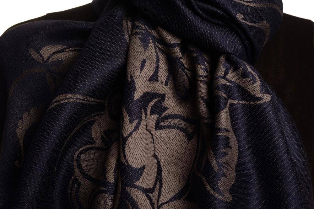 Liss Kiss Large Roses On Oxford Blue Pashmina With Tassels - Scarf