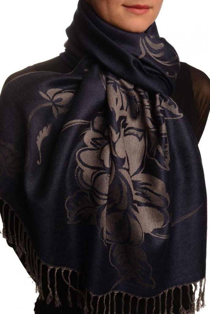 Liss Kiss Large Roses On Oxford Blue Pashmina With Tassels - Scarf