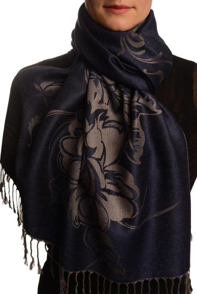 liss kiss Large Roses On Oxford Blue Pashmina With Tassels - Scarf