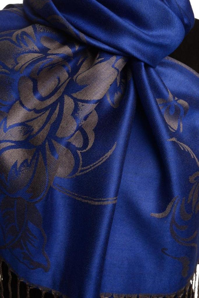 Liss Kiss Large Roses On Persian Blue Pashmina With Tassels - Scarf