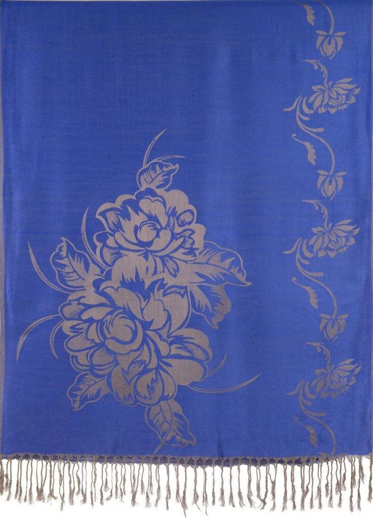 Liss Kiss Large Roses On Persian Blue Pashmina With Tassels - Scarf