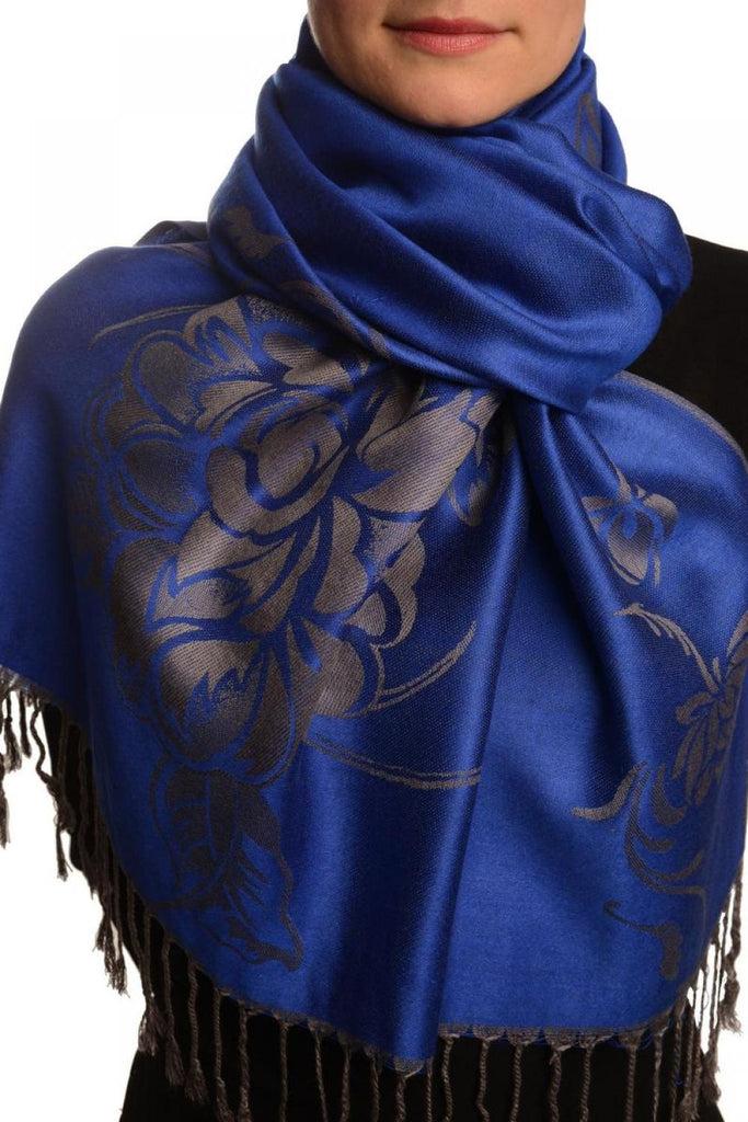 liss kiss Large Roses On Persian Blue Pashmina With Tassels - Scarf