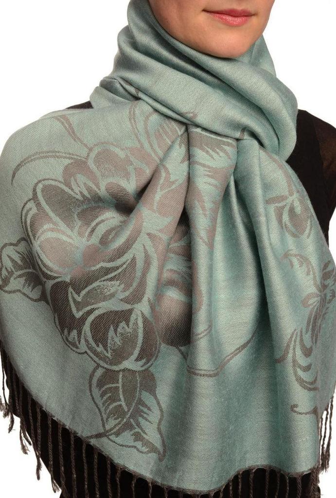 Liss Kiss Large Roses On Powder Blue Pashmina With Tassels - Scarf
