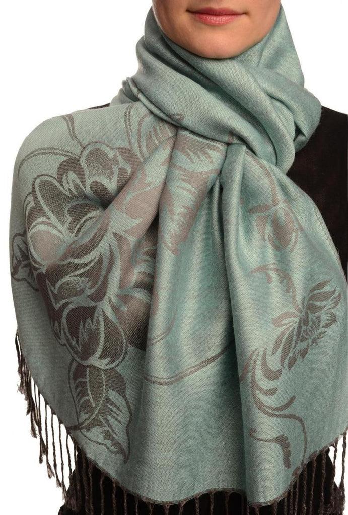 liss kiss Large Roses On Powder Blue Pashmina With Tassels - Scarf