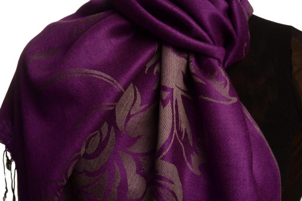 Liss Kiss Large Roses On Purple Pashmina With Tassels - Scarf