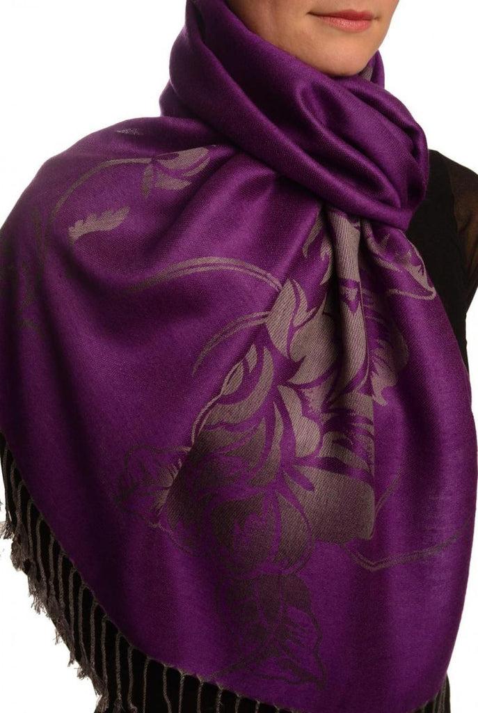 Liss Kiss Large Roses On Purple Pashmina With Tassels - Scarf