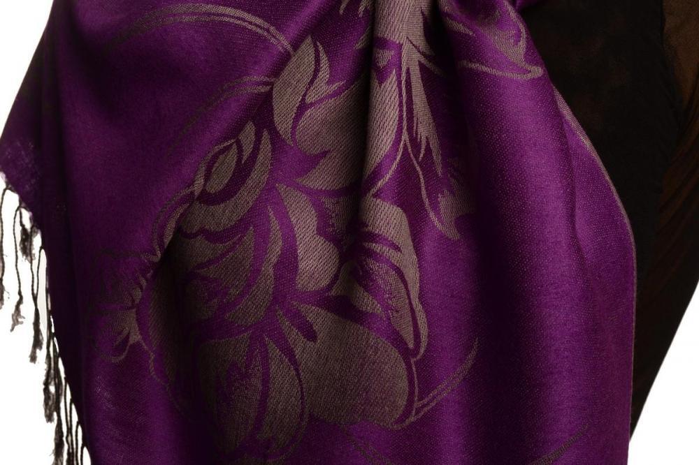 Liss Kiss Large Roses On Purple Pashmina With Tassels - Scarf
