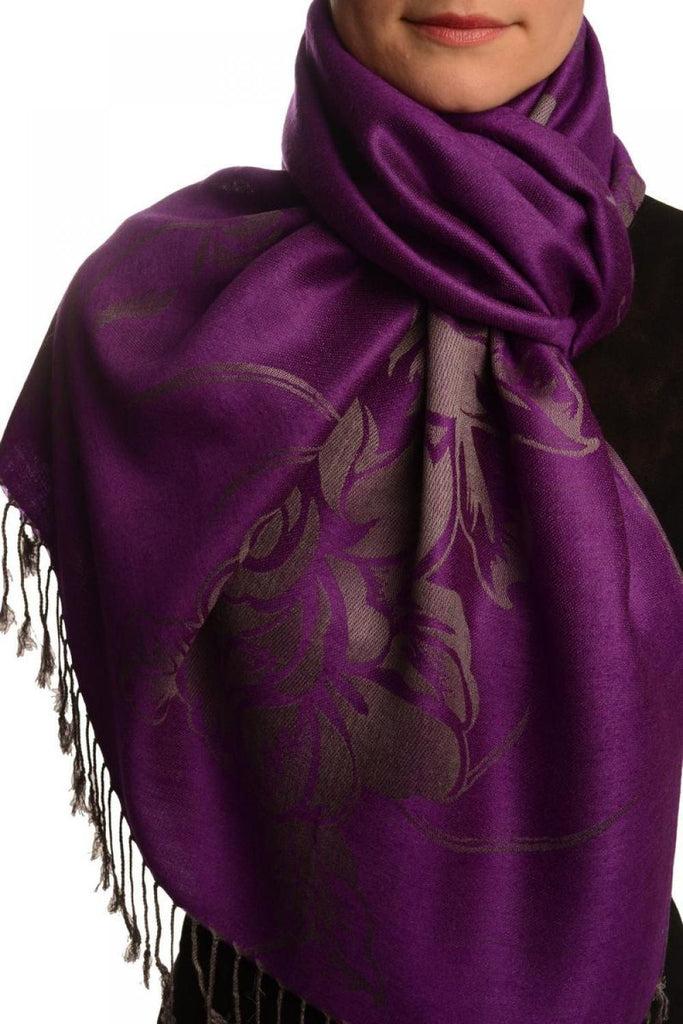 liss kiss Large Roses On Purple Pashmina With Tassels - Scarf