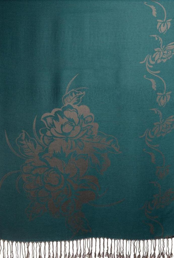 Liss Kiss Large Roses On Teal Blue Pashmina With Tassels - Scarf