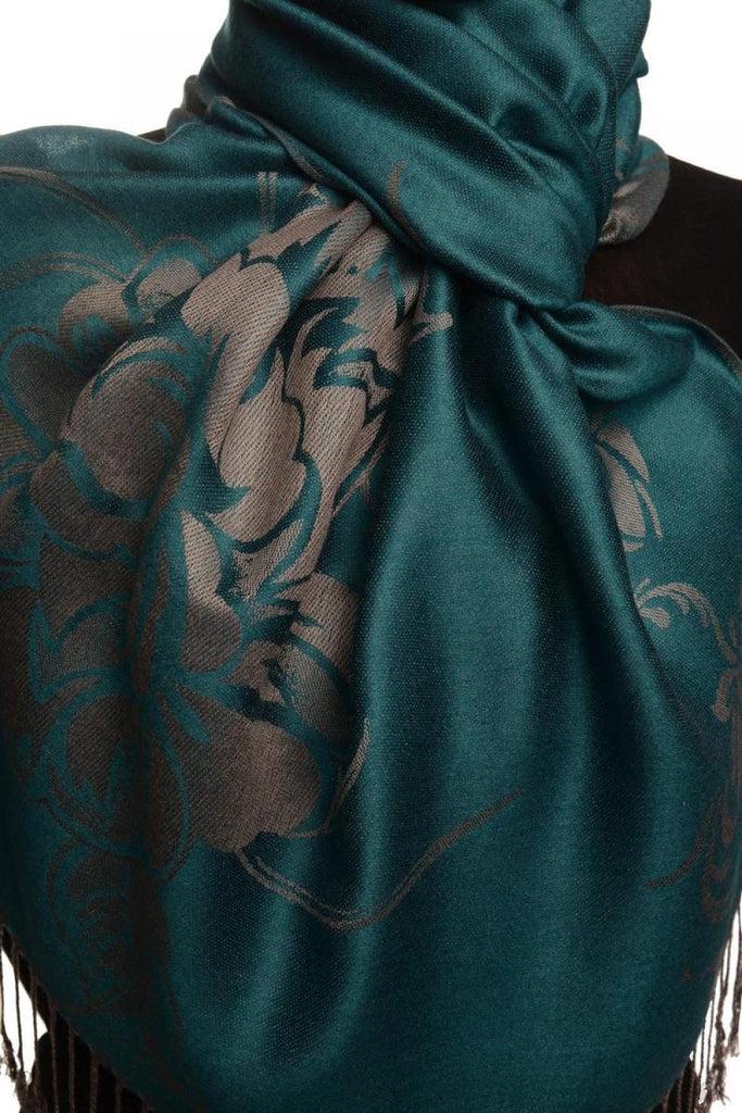 Liss Kiss Large Roses On Teal Blue Pashmina With Tassels - Scarf