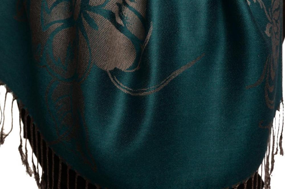 Liss Kiss Large Roses On Teal Blue Pashmina With Tassels - Scarf