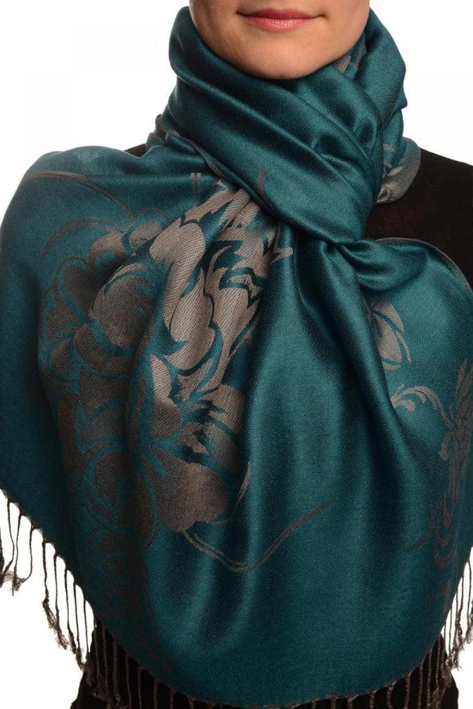 liss kiss Large Roses On Teal Blue Pashmina With Tassels - Scarf