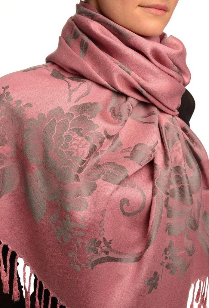 Liss Kiss Large Slate Grey Roses On Puce Pink Pashmina With Tassels - Scarf