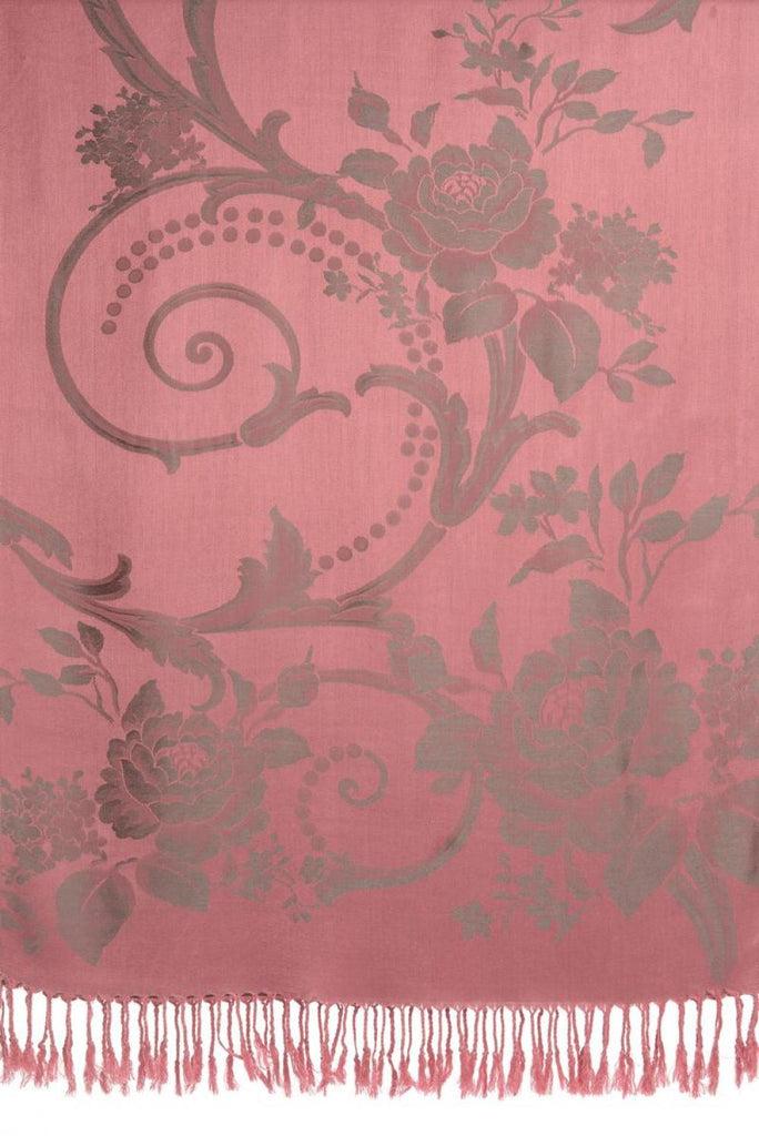 Liss Kiss Large Slate Grey Roses On Puce Pink Pashmina With Tassels - Scarf