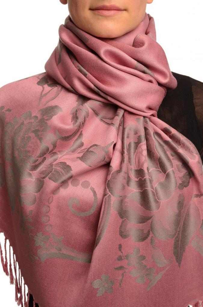liss kiss Large Slate Grey Roses On Puce Pink Pashmina With Tassels - Scarf