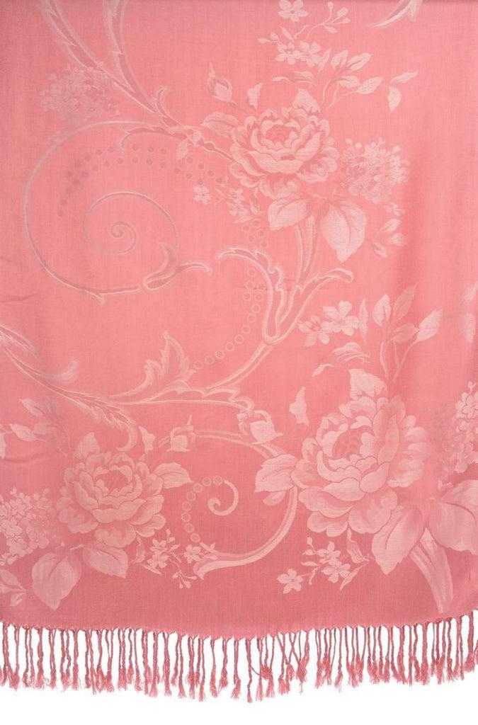 Liss Kiss Large Tea Pink Roses On Salmon Pink Pashmina With Tassels - Scarf