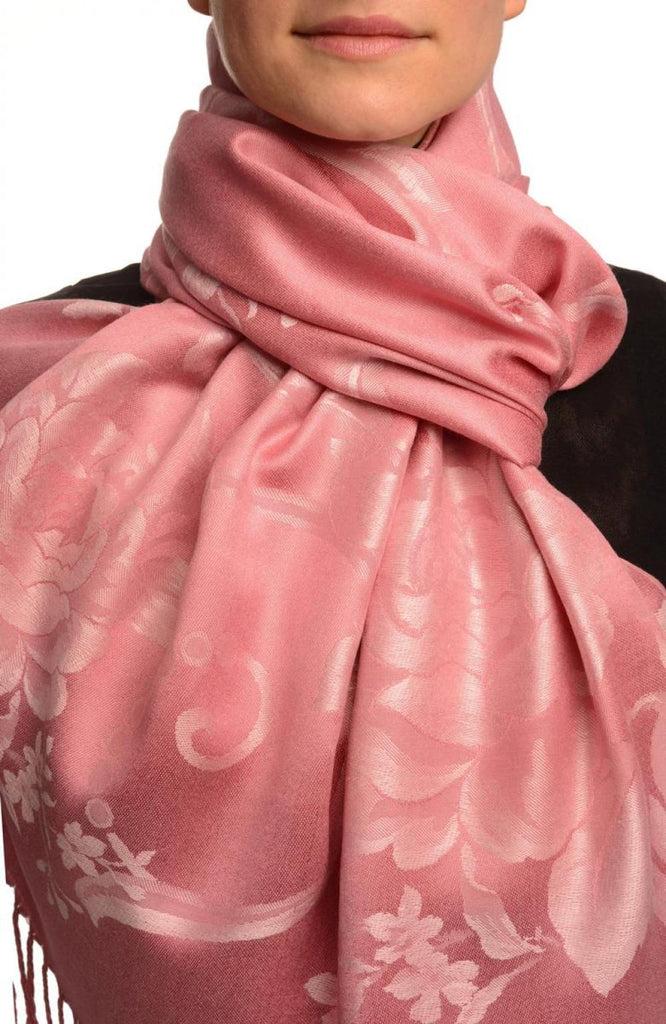 liss kiss Large Tea Pink Roses On Salmon Pink Pashmina With Tassels - Scarf