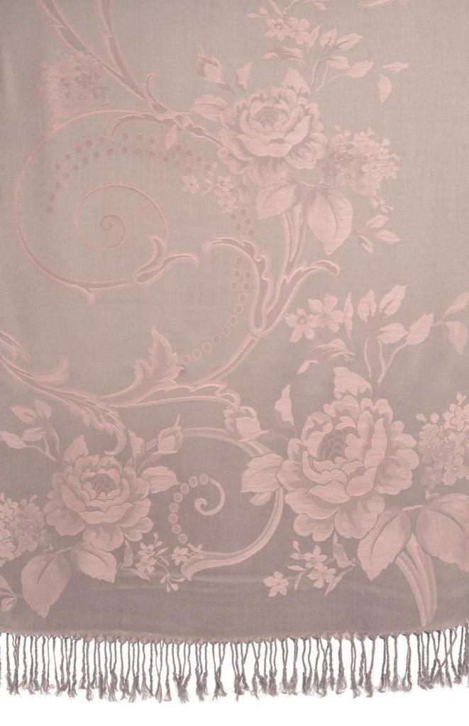 Liss Kiss Large Tea Rose Pink Roses On Light Grey Pashmina With Tassels - Scarf