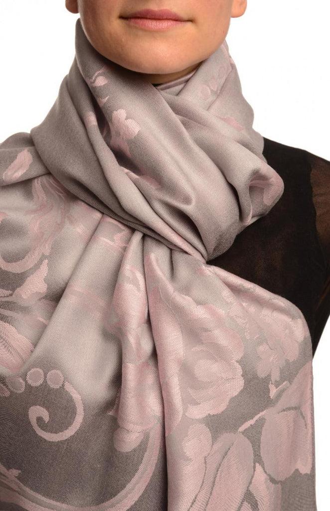 liss kiss Large Tea Rose Pink Roses On Light Grey Pashmina With Tassels - Scarf