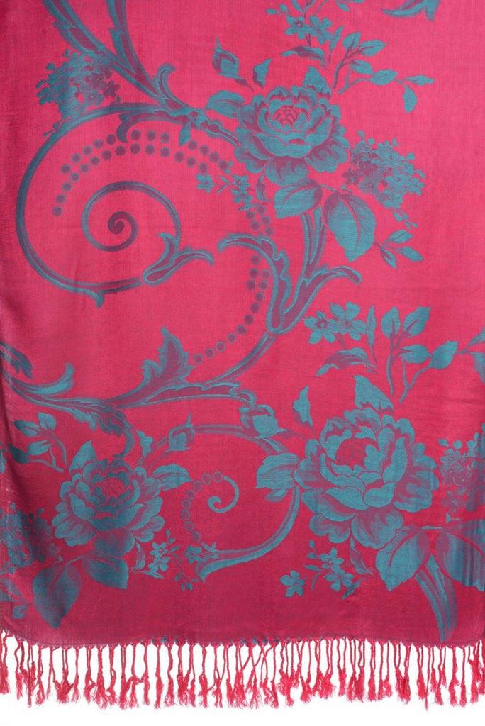 Liss Kiss Large Teal Blue Roses Magenta Pink Pashmina With Tassels - Scarf
