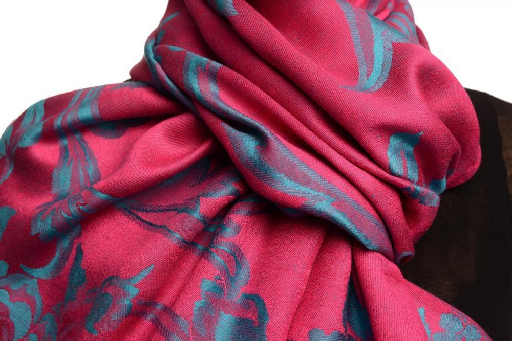 Liss Kiss Large Teal Blue Roses Magenta Pink Pashmina With Tassels - Scarf