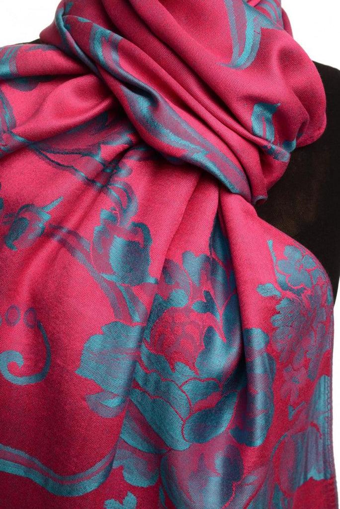 Liss Kiss Large Teal Blue Roses Magenta Pink Pashmina With Tassels - Scarf