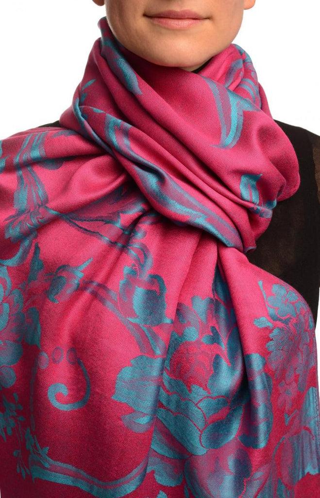 liss kiss Large Teal Blue Roses Magenta Pink Pashmina With Tassels - Scarf