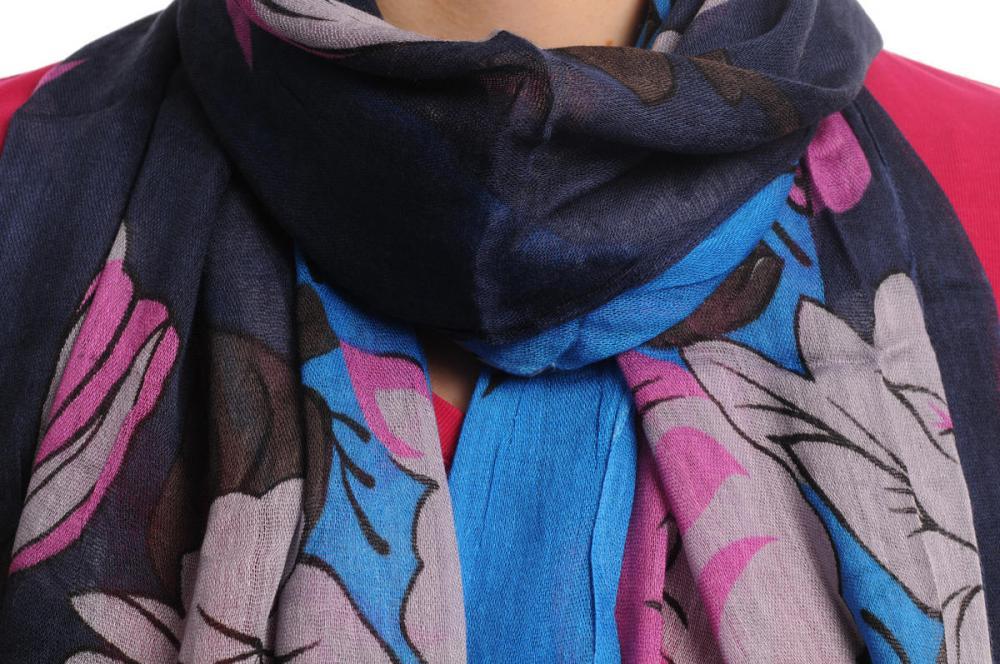 Liss Kiss Large White & Pink Roses And Sunflowers On Navy Blue With Tassels - Scarf