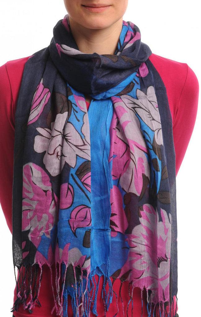 liss kiss Large White & Pink Roses And Sunflowers On Navy Blue With Tassels - Scarf