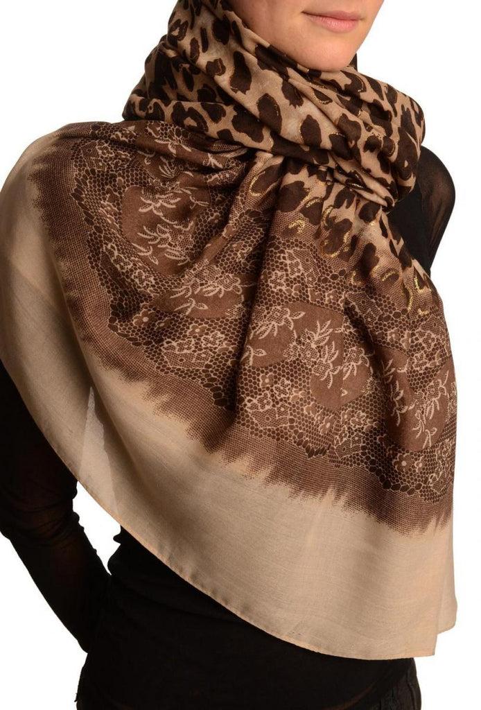 Liss Kiss Leopard With Gold Glitter & Beige Lace Print - Scarf