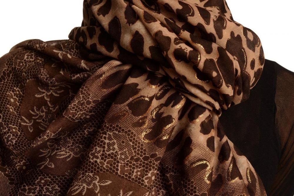 Liss Kiss Leopard With Gold Glitter & Beige Lace Print - Scarf