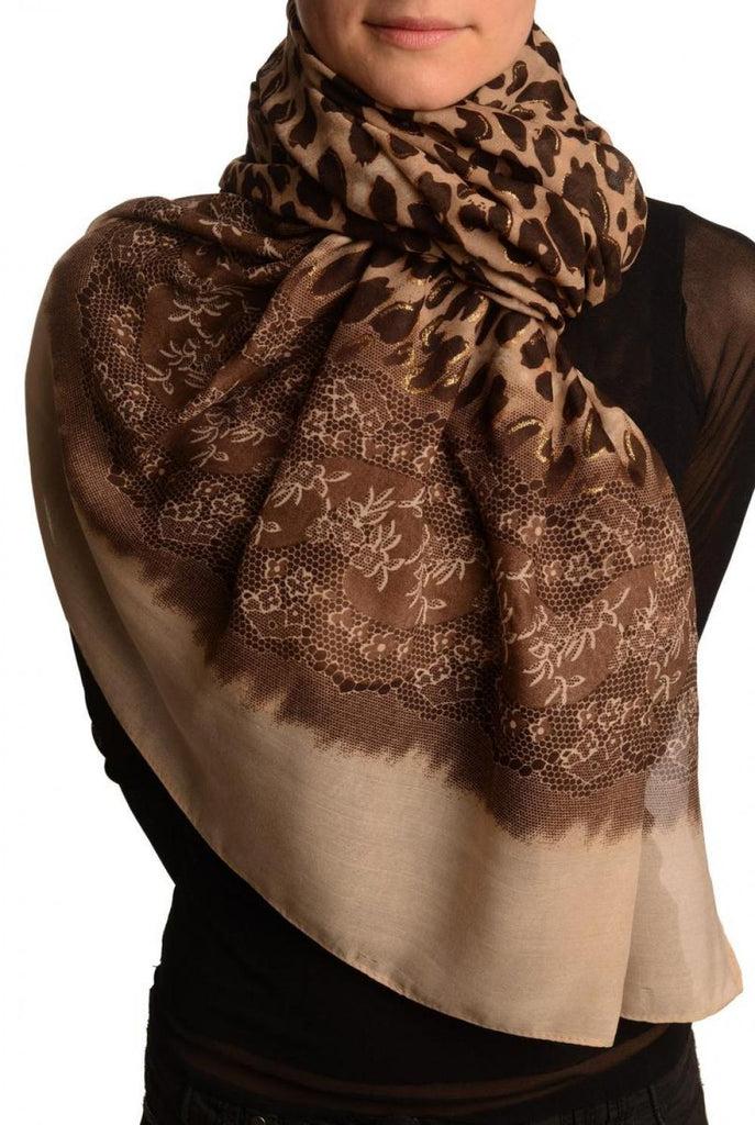 liss kiss Leopard With Gold Glitter & Beige Lace Print - Scarf